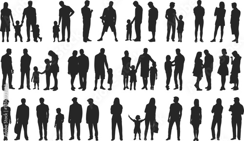 Family people silhouette collection isolated on white background, parents children standing walking holding hands concept for social design use