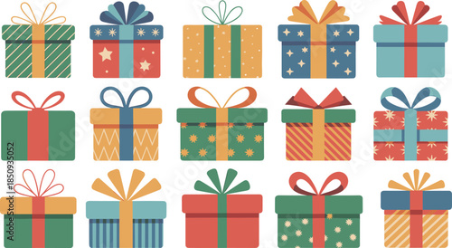 Christmas gift box bundle, colorful wrapping icons, festive ribbon styles, holiday present vector, celebration packaging design, seasonal decoration illustration set