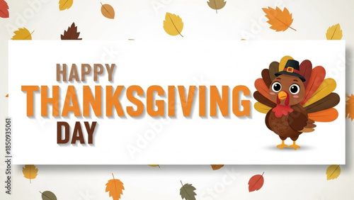 Thanksgiving Day Cartoon Turkey with Happy Thanksgiving Text and Autumn Leaves Background Vector Illustration