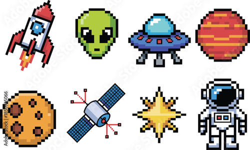 Pixel art space icons set, rocket alien UFO planet astronaut satellite stars for retro sci fi game interface isolated background