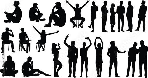 People silhouette activity poses set featuring sitting standing talking celebrating meditation lifestyle interaction black illustration collection