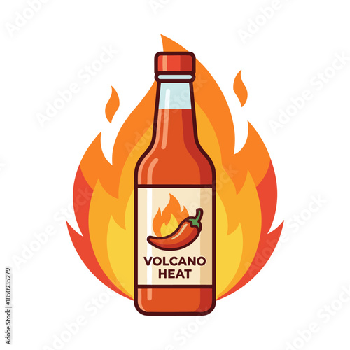 Hot sauce bottle with chili pepper and fire flames