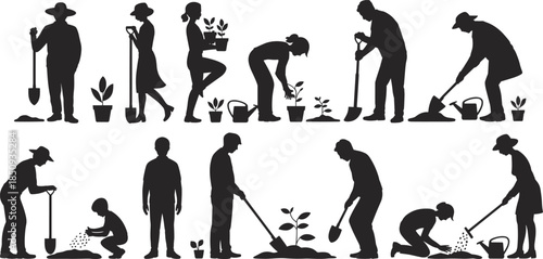 Gardening people silhouette set, men women planting watering digging plants, eco nature farming lifestyle concept, black human figures icons