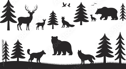 Wild forest animals silhouettes set, deer bear wolf fox birds trees, nature wildlife scene, woodland ecosystem illustration