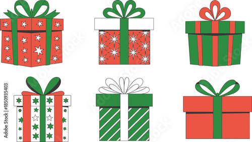 Christmas, gift, boxes, with, ribbons, bows, red, green, white, festive, stars, stripes, wrapping, packaging, holiday, present, decorative, design, vector, illustration