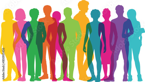 Colorful, human, silhouettes, standing, diverse, people, group, unity, inclusion, posture, clothing, style, vector, design, illustration, social, demographic, icon, isolated, diversity
