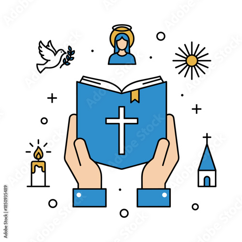 Hands holding open Bible with Christian religious symbols