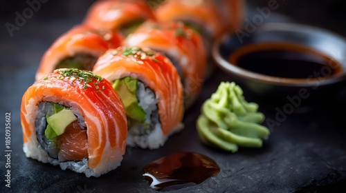 A close-up of beautifully arranged sushi rolls topped with fresh salmon, wasabi, and soy sauce.