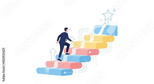 Man in business suit climbing colorful stairs with arrows and star, illustration of career growth and success