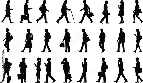 Business people walking silhouettes set, men women commuting with bags phones canes, urban professional lifestyle poses isolated vector illustration