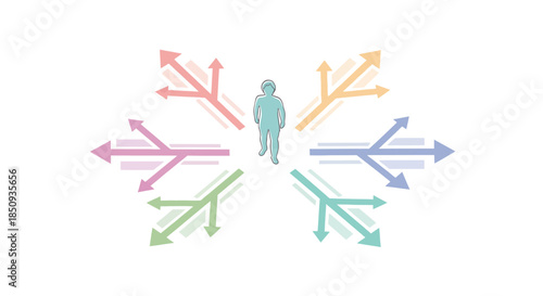 Vector illustration of a person surrounded by colorful arrows pointing in different directions on a white background