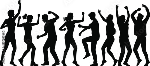 Dancing people silhouettes set, men and women party moves, energetic celebration, music rhythm, nightlife fun, active lifestyle illustration