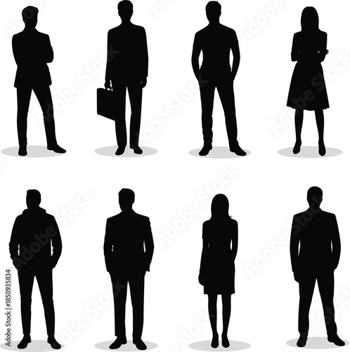 Business people silhouette standing poses set featuring men women professionals corporate office lifestyle illustration collection
