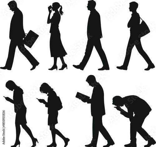 Business people silhouettes walking set, men and women commuter poses, modern lifestyle, work routine, urban professional concept illustration