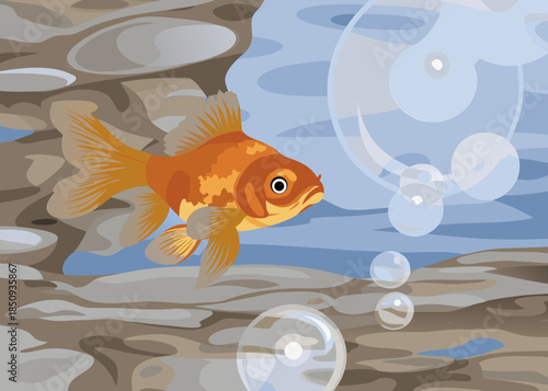 Bright orange fish swims through a calm blue underwater scene with bubbles and cheerful fins under soft light while ripples create a playful mood in the water.