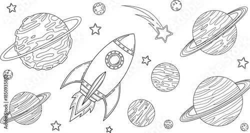 Space scene with rocket and planets