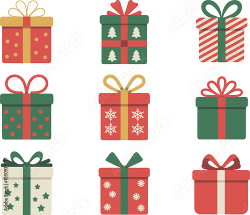 Christmas gift box icon set, festive present illustrations, holiday packaging design, colorful ribbon, seasonal wrapping, vector flat style, decoration