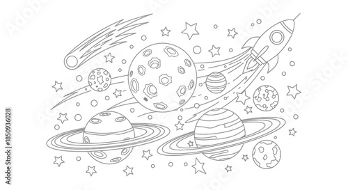 Black and white vector illustration of a rocket ship flying through outer space surrounded by planets, stars, and a comet