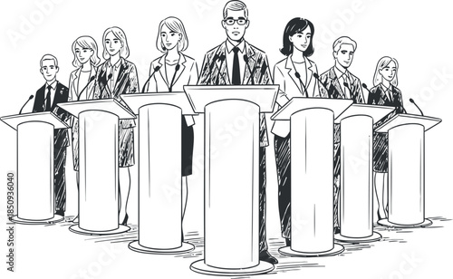 Illustration of people standing at podiums in a circle
