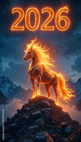 Majestic fiery horse standing on mountain peak with flaming 2026 sign in night sky fantasy illustration.