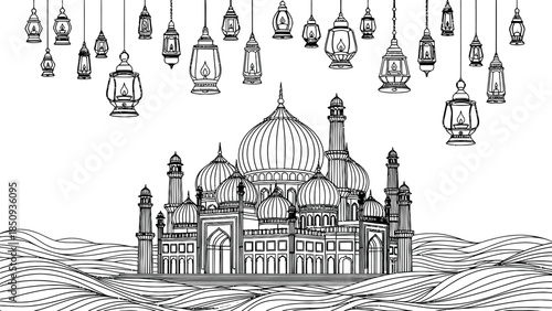 Fantasy architecture with hanging lighthouses and a majestic building