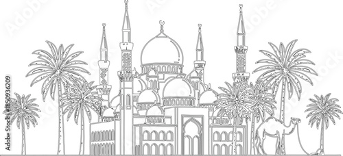 A black and white illustration of a castle