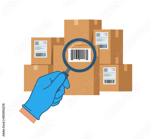 Hand in glove examining barcode on shipping packages