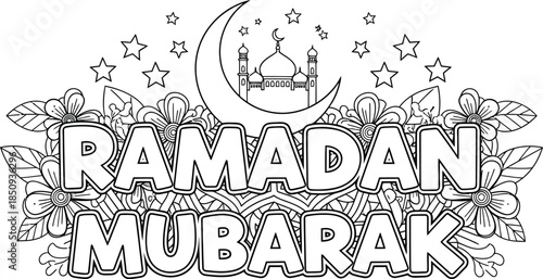 Ramadan mubarak greeting with mosque and crescent moon illustration