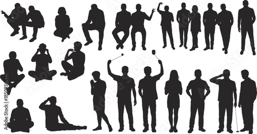 Human silhouette collection isolated on white background, standing sitting posing people set for design, business, social concepts, advertising, marketing, templates