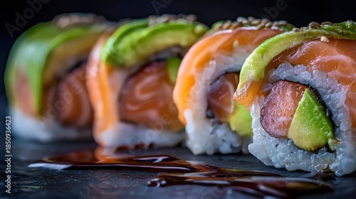 Artfully arranged sushi rolls featuring fresh salmon and creamy avocado topped with sesame seeds.