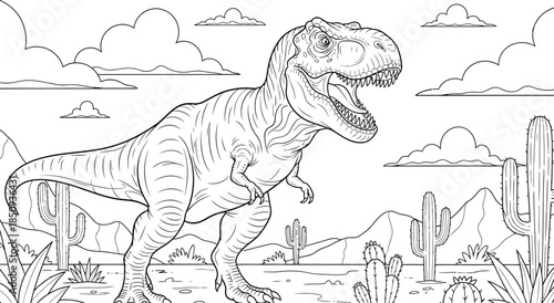 A dinosaur standing in a prehistoric landscape with mountains and clouds