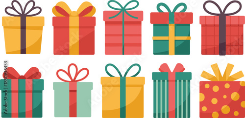 Christmas gift box icons, colorful wrapping styles, festive ribbon design, holiday present vector, celebration packaging, seasonal decoration, flat illustration set