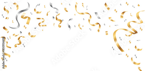 Falling gold and silver confetti ribbons streamers celebration party background design element