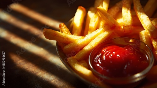 A bowl of crispy golden French fries served with a side of ketchup, bathed in warm, golden light.