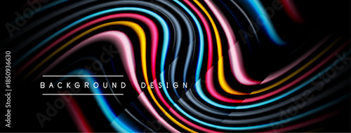Abstract colorful waves form dynamic background. Smooth lines create flowing pattern, vibrant hues contrast dark space. Modern design element.