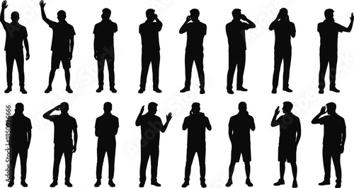 Male people silhouette gestures set waving greeting calling thinking poses black human figures collection isolated on white background