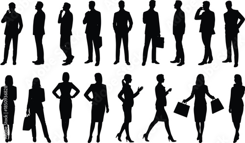 Business people silhouette collection featuring men women standing walking office professionals corporate lifestyle illustration set