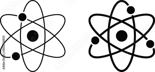 Atomic model silhouettes, science icon, electron orbit, physics symbol, chemistry concept, nucleus structure, vector art, black design, minimal illustration