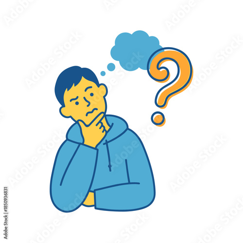 Man thinking with question mark, experiencing doubt