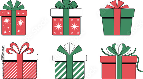 Christmas, gift, boxes, with, ribbons, bows, red, green, white, festive, wrapping, packaging, holiday, present, decorative, design, vector, illustration, seasonal, icon