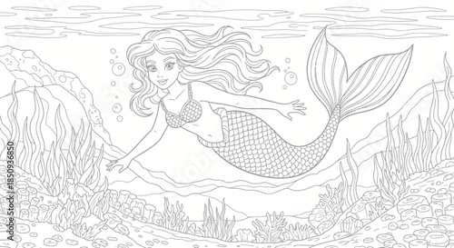 Mermaid with long wavy hair swimming underwater surrounded by seaweed and ocean plants in a fantasy illustration style