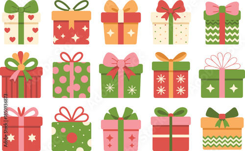 Cute colorful gift boxes illustration set, wrapped presents with bows ribbons, festive holiday celebration packaging isolated vector design