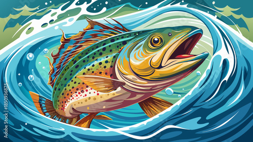 Very beautiful close-up of a rainbow trout emerging from water, with bubbles and splashes frozen in motion, captured using high speed photography to reveal vivid aquatic detail.