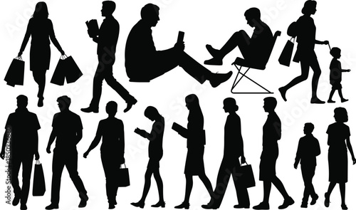 Black silhouette people walking, sitting, shopping, reading, everyday life activities, crowd urban lifestyle men women children isolated on white background