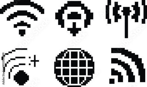 Pixel, icons, wireless, communication, signal, strength, Wi-Fi, internet, connectivity, radio, tower, globe, vector, design, illustration, digital, network, symbol, tech, icon
