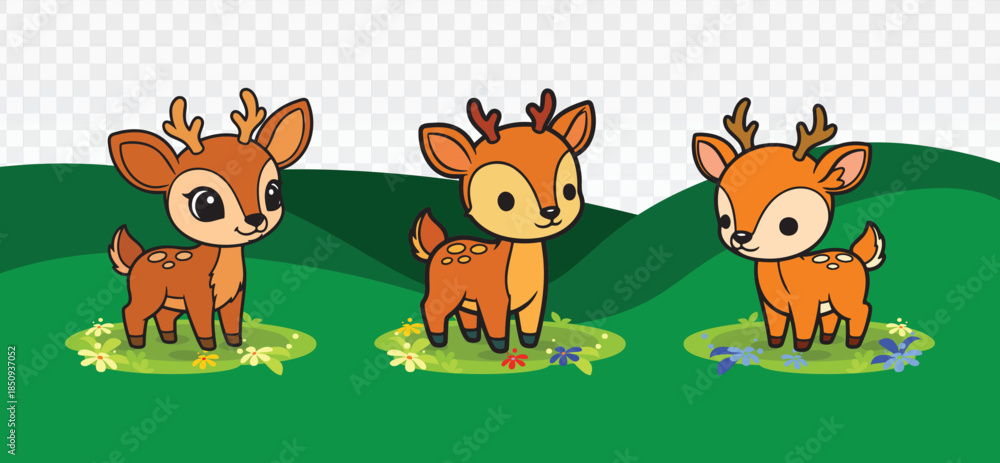 Fototapeta premium Set of three cartoon baby deer fawns standing in a green meadow with flowers. Cute illustration perfect for children's books, nursery wall art, spring-themed cards, and playful designs.