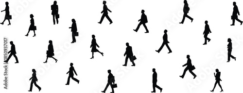 Walking business silhouettes, professional people, urban motion, briefcase figures, black design, posture variation, vector art, minimal style, corporate crowd