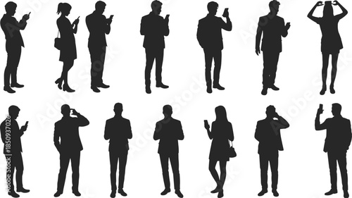 People silhouette smartphone usage poses set featuring men women standing texting calling modern lifestyle illustration collection