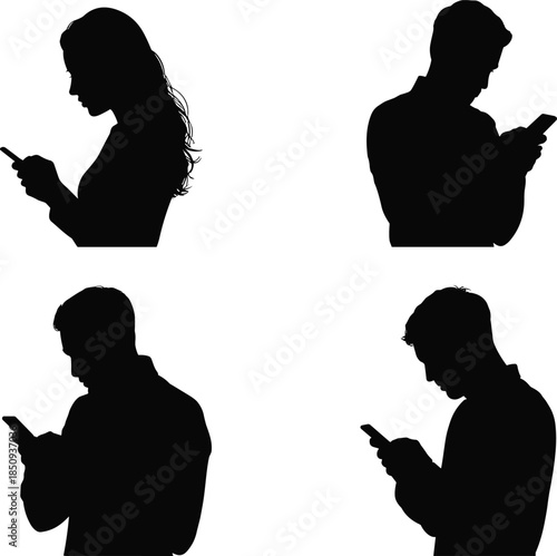 People using smartphone silhouettes, men and women texting mobile phones, digital communication addiction, social media concept, technology lifestyle illustration