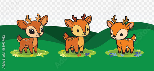 Set of three cartoon baby deer fawns standing in a green meadow with flowers. Cute illustration perfect for children's books, nursery wall art, spring-themed cards, and playful designs.